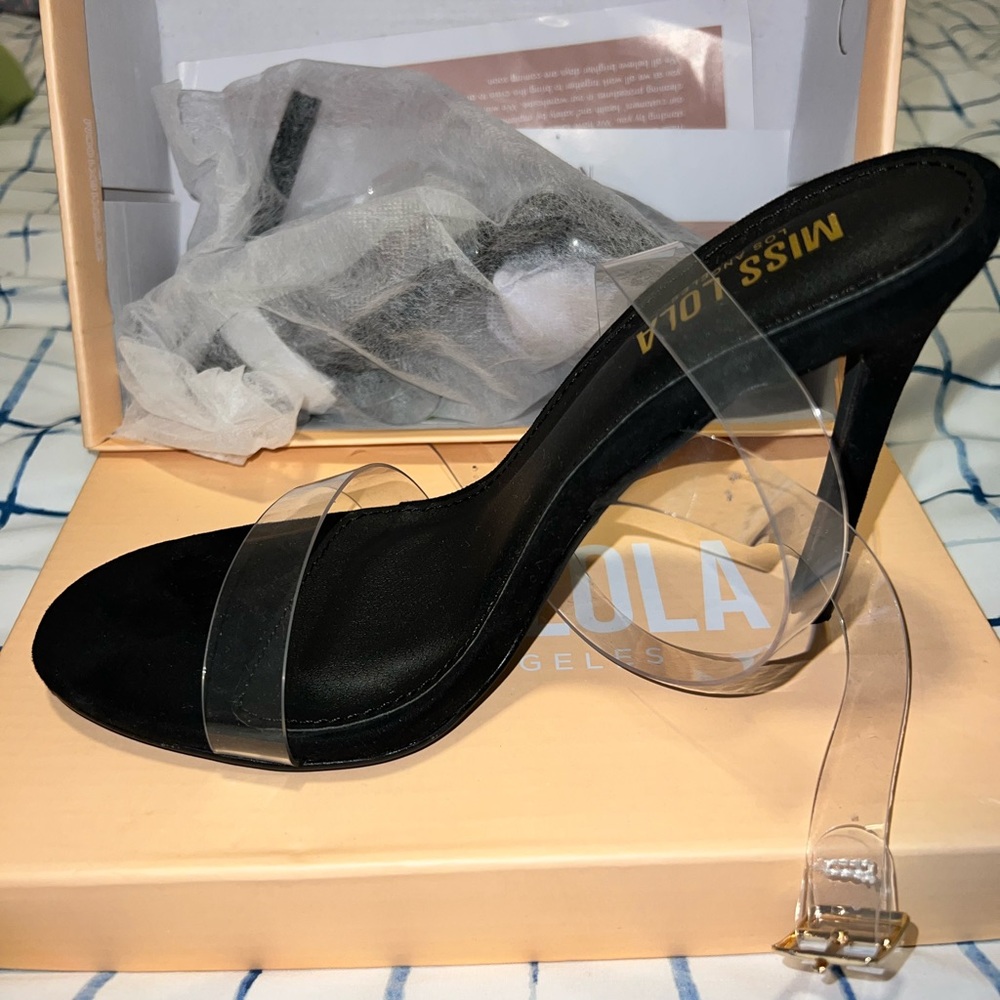 BLACK CLEAR STRAP HEELS